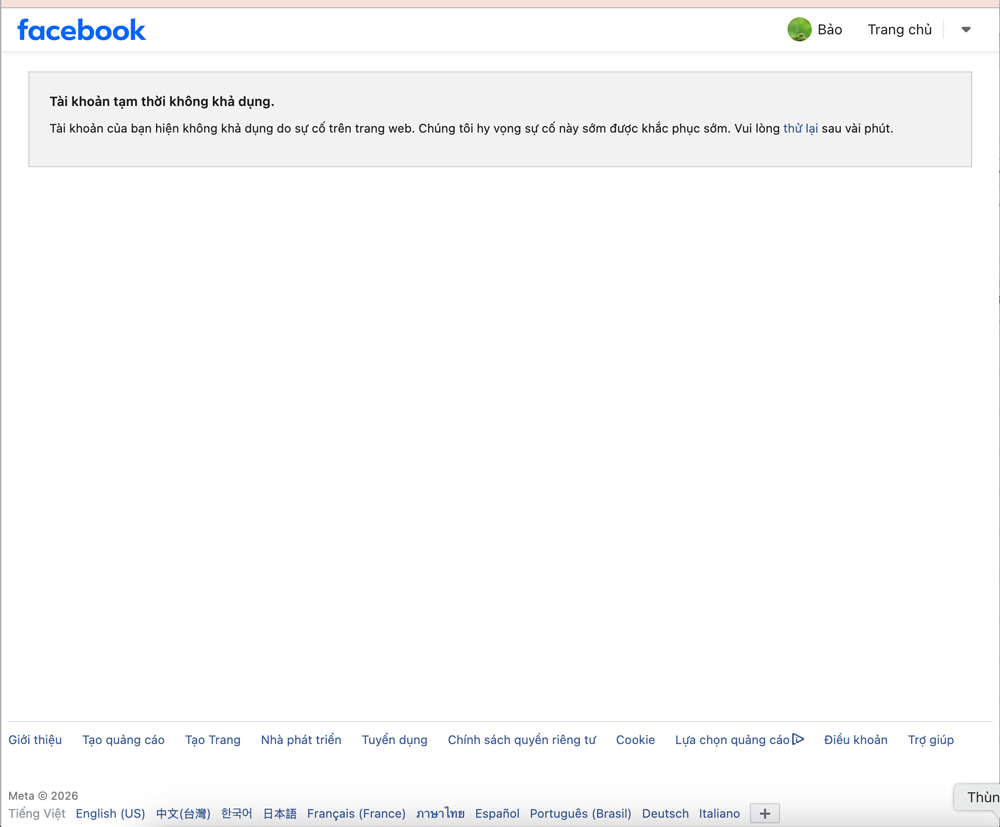 Sự cố Facebook mới nhất: Tài khoản tạm thời không khả dụng 5 facebook loi